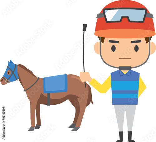 ムチを持って立っている男性騎手と競走馬のイメージイラスト