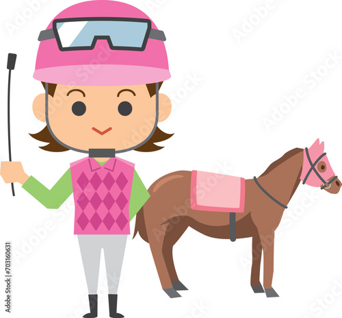 ムチを持って立っている女性騎手と競走馬のイメージイラスト