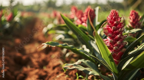 Vibrant red ginger plants flourish in a sun-drenched tropical field.