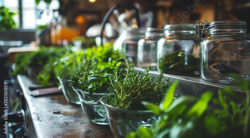 Fresh herbs in the chef's kitchen are ready to be chopped into food. photo