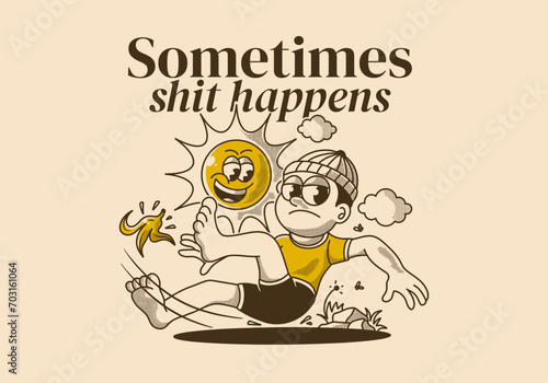 Sometimes, shit happens. Vintage illustration of a boy falling on a banana peel