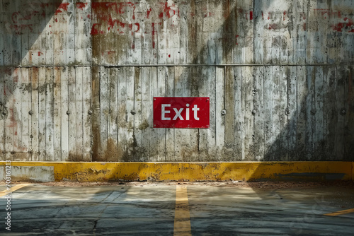Exit concept image with Exit red sign with written exit word on a grey concrete wall photo
