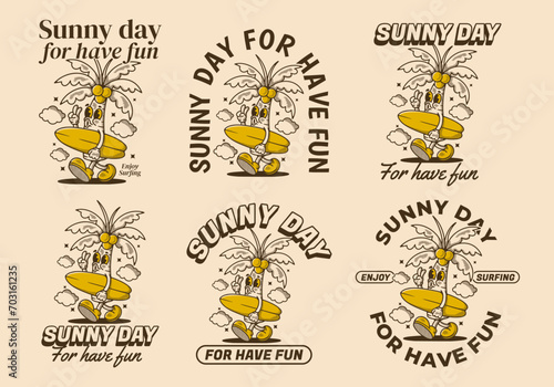 Sunny day for have fun. Mascot character illustration of coconut tree holding a surfing board