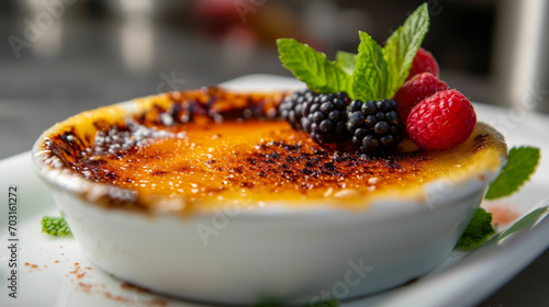 Close-up of creme brulee dessert , famous french cuisine burnt cream photo