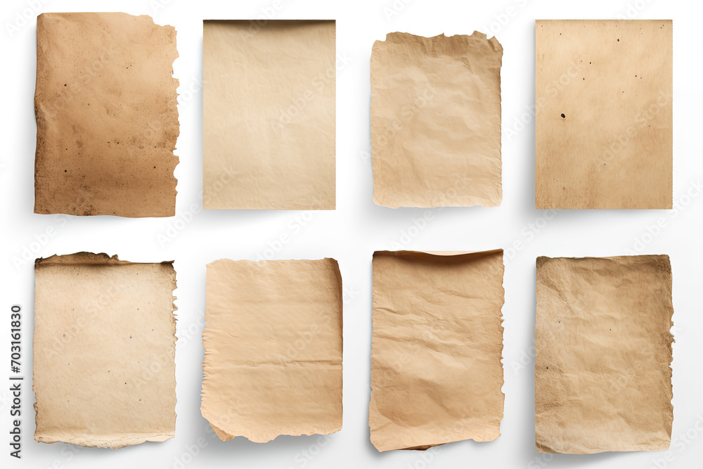 Group of Old worn paper sheet isolated on transparent background