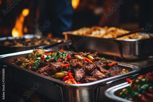 Group of people on catering buffet food indoor in restaurant with grilled meat. Buffet service for any festive event, party or wedding reception