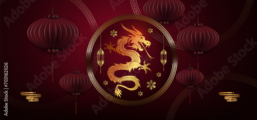 Chinese New Year, texture dark red illustration with dragon in round frame and red lanterns.