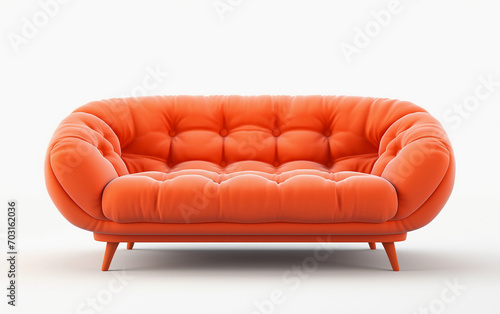 Modern orange sofa on wooden legs isolated on white. Orange suede couch isolated