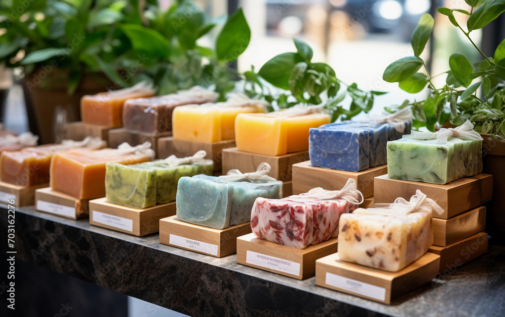 Handmade vegan soap bars on display in a store, on the window background. Organic herbal soap close-up