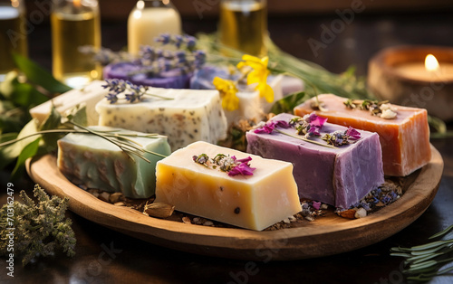 Handmade vegan soap bars on display in a store next to the candles. Organic herbal soap close-up