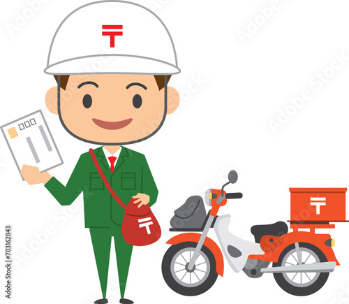 笑顔の郵便配達員とバイクのイメージイラスト