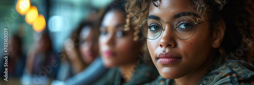 Portrait of three diverse women in casual clothing, focused on the confident woman with glasses in the foreground, no specific holiday or concept indicated photo