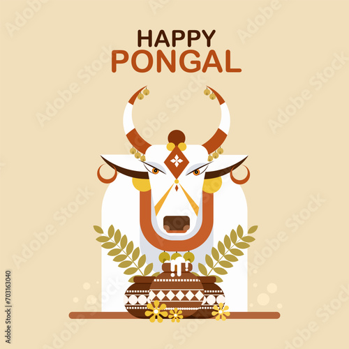 Illustration of decorated cow head with boiled rice in earthen pots. Concept of 'Pongal' festival