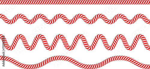 Candy cane border set. Red and white stripes. Vector illustration