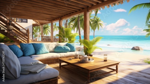 Beach Tropical living & Sea view for Vacation and Summer / interior 3d rendering