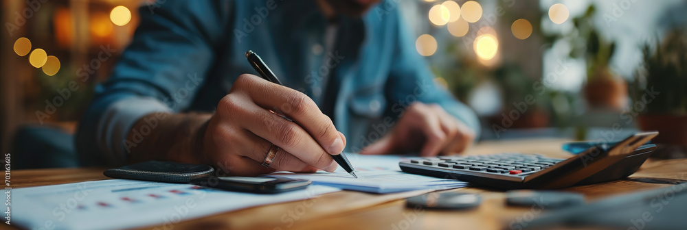 A person engages in detailed financial planning with a calculator, pen, and documents on a wooden table, representing fiscal responsibility or tax preparation - obrazy, fototapety, plakaty 
