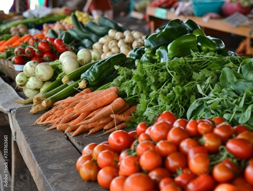 Variety of colourful fresh vegetables on display at a local farmers market stall.