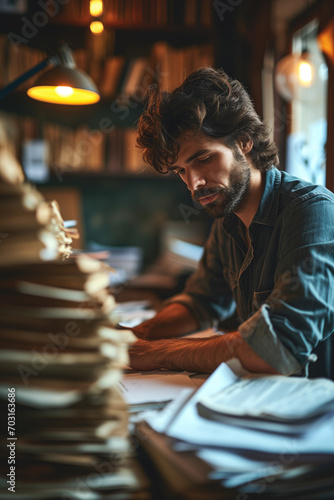 Focused man with beard working on paperwork in a cozy, lamp-lit room with bookshelves in the background
