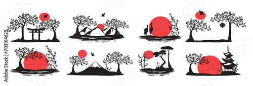 Japan sights  vector silhouette. silhouette of Japanese landscapes with red sun vector