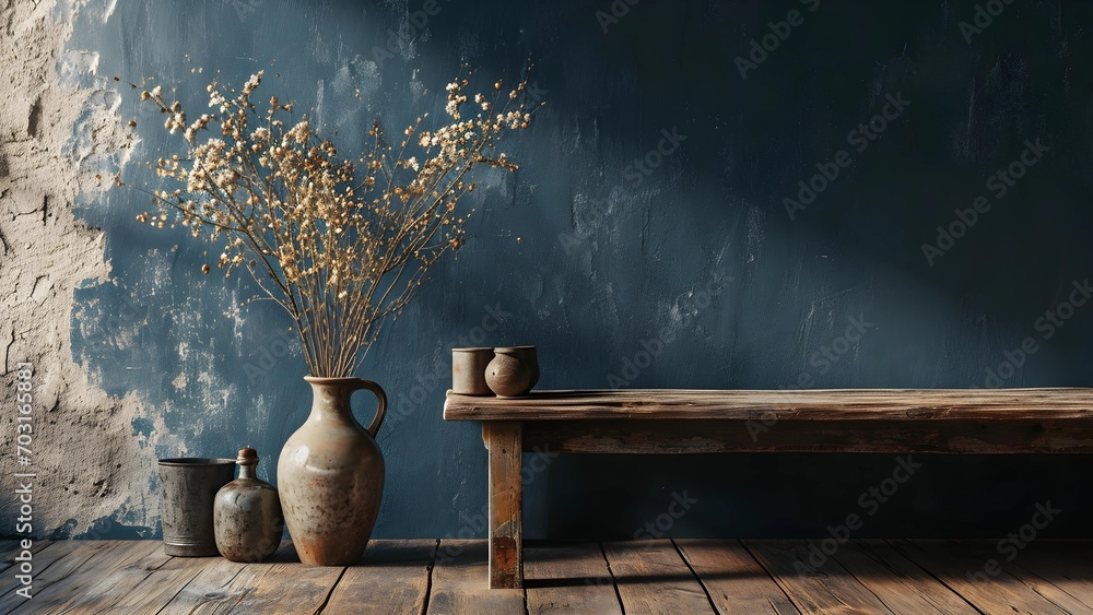 Rustic deep blue wall with flower in vase  - obrazy, fototapety, plakaty 