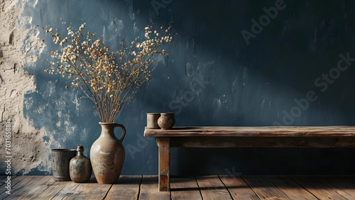 Rustic deep blue wall with flower in vase  #703165881