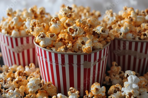 popcorn popping in striped cardboard bucket professional advertising food photography photo