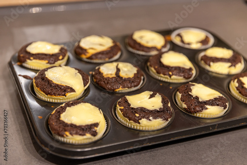Close-up of fresh homemade Chocolate-Cheesecake Muffins