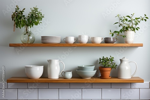 Wallpaper Mural kitchen utensils on the shelves white wall minimalist design professional advertising photography Torontodigital.ca