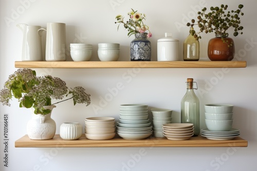 kitchen utensils on the shelves white wall minimalist design professional advertising photography