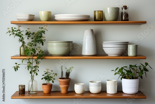 kitchen utensils on the shelves white wall minimalist design professional advertising photography