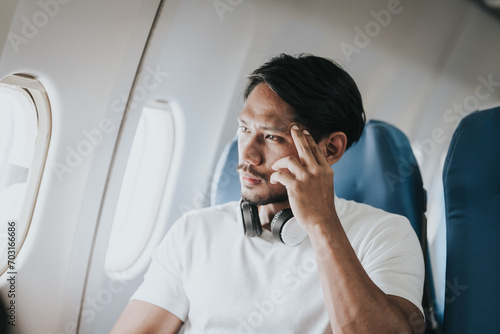 Asian male traveler on an airplane, appearing to have a headache or discomfort, showing a moment of travel-related stress.