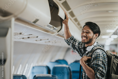 Photos Asian male tourist enjoying airplane travel, traveling around the world on his own