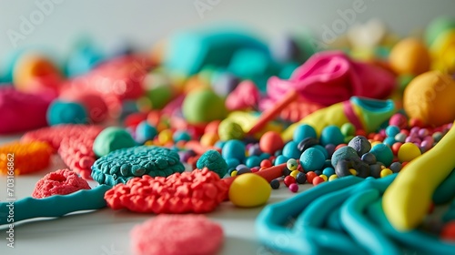 Colorful plasticine on white table, closeup. Abstract background