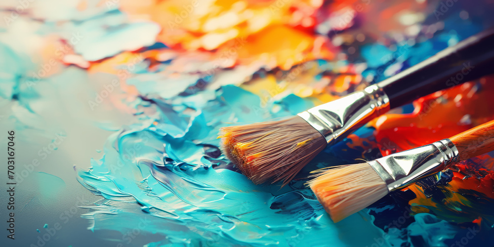 Obraz premium Artist used paint brushes on a colorful painter palette blackground