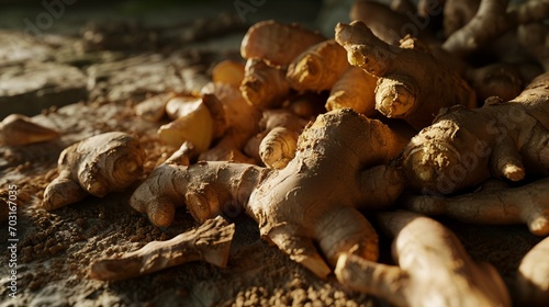 Organic ginger root on the ground in the garden. Selective focus.
