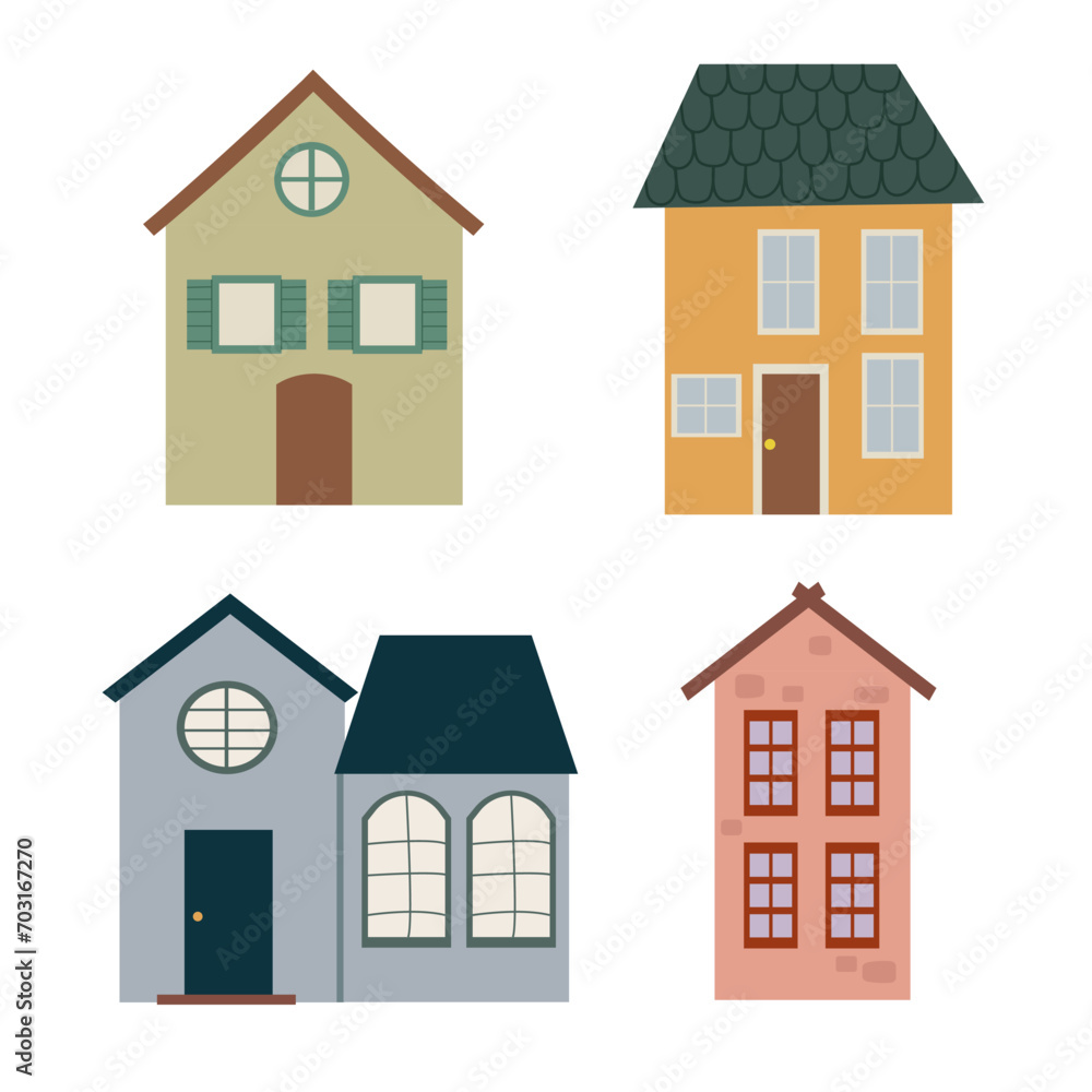 Set of simple house buildings. Cottage, living, cartoon style. Vector simple flat design.