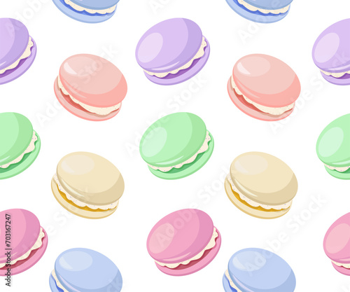 Macaroon almond cookie seamless pattern. Dessert tasty food. Vector colorful illustration