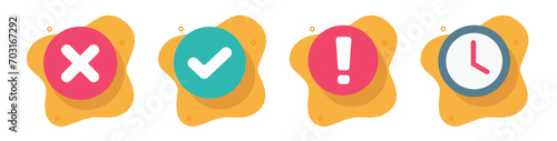 Pending awaiting clock icon, delay check mark status flat cartoon vector graphic set, check mark tick exclamation design illustration, cancel fail success accept caution warning alert notice image