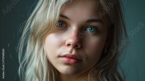 Portrait of a beautiful young girl with blond hair, close up