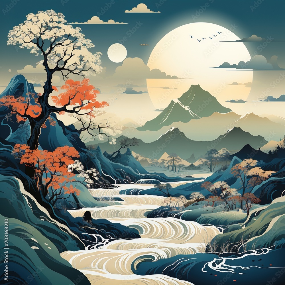 Tranquil Scene of a River flowing through a Rocky Landscape with a Full Moon and Birds
