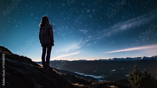 A silhouette of a woman standing on a mountain summit, looking up at the stars, representing the empowerment and growth experienced after a breakup. photo