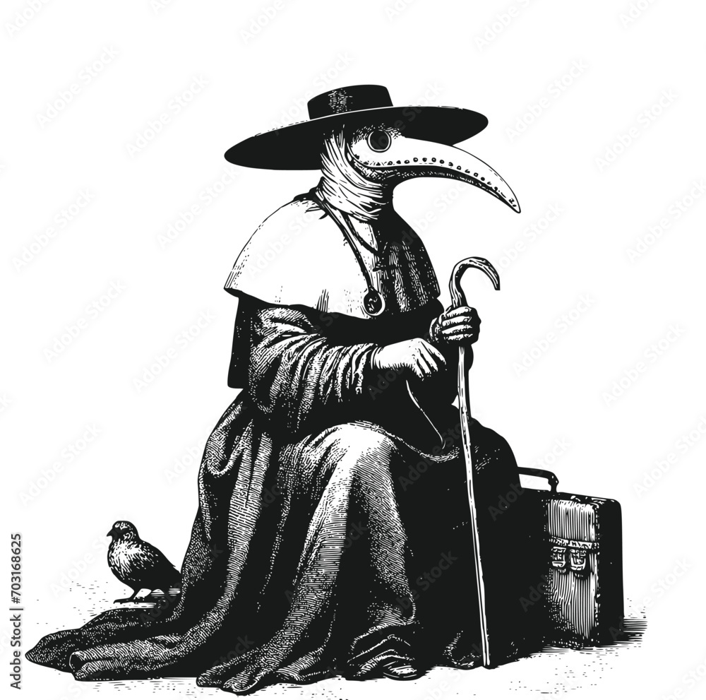 Plague doctor with bird mask and hat. Vector black vintage engraving ...
