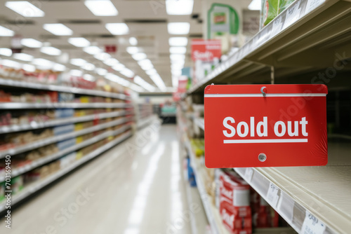 Sold out concept image with empty grocery store alley and shelves with red sign with written words Sold out