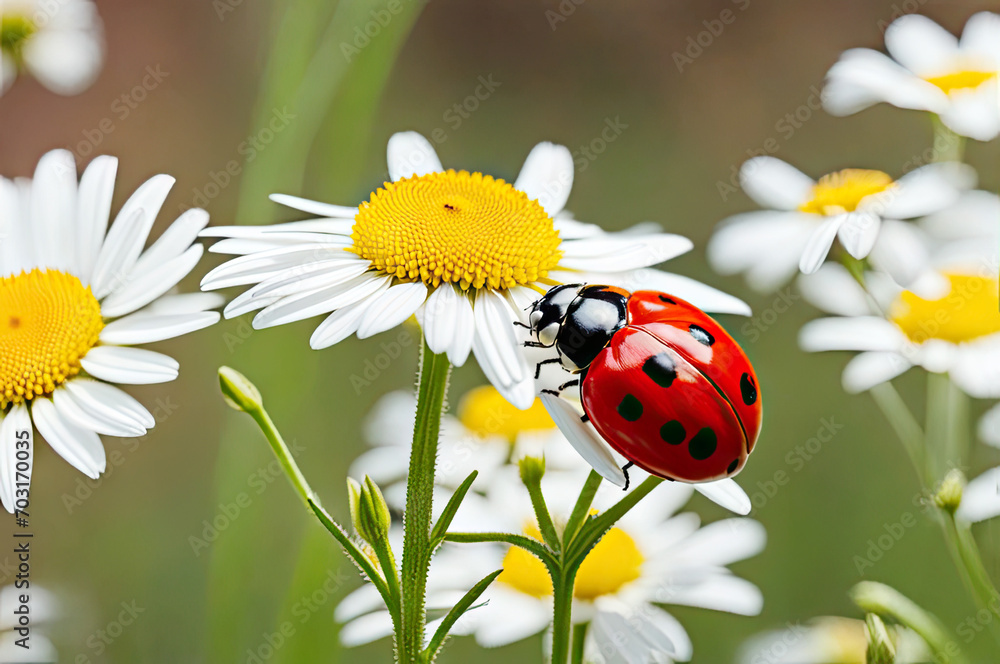Banner Ladybug on flower blossoms in spring. Beautiful ladybug sitting on white flower
