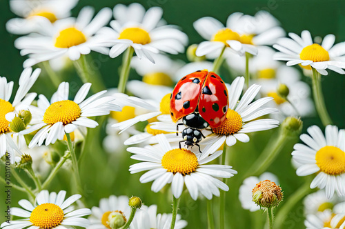 Banner ladybug sits on a chamomile flower a close up macro