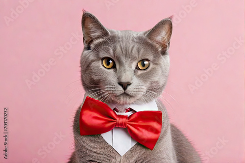Cute cat sitting in bow tie on pink background. Monochrome background with space for text. Postcard with a cat for Valentine's Day, Spring, Women's Day