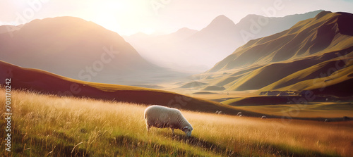 Young sheep grazes in meadow in spring against backdrop mountains and the setting sun photo