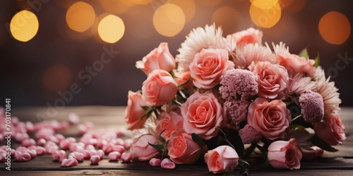 A beautiful flower bouquet on a wooden table with blurred background. Greetings card for valentines day, mothers day, birthday or wedding with copy space.