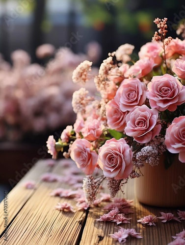 A beautiful flower bouquet on a wooden table with blurred background. Greetings card for valentines day, mothers day, birthday or wedding with copy space.