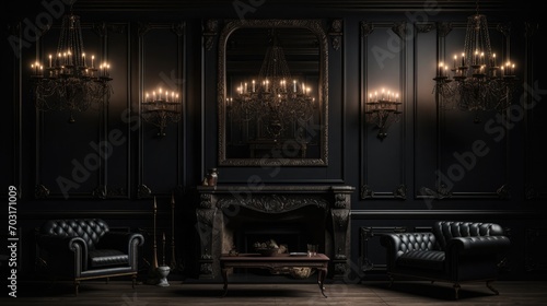 Black room interior with a vintage sofa, chandelier, mirror and fireplace